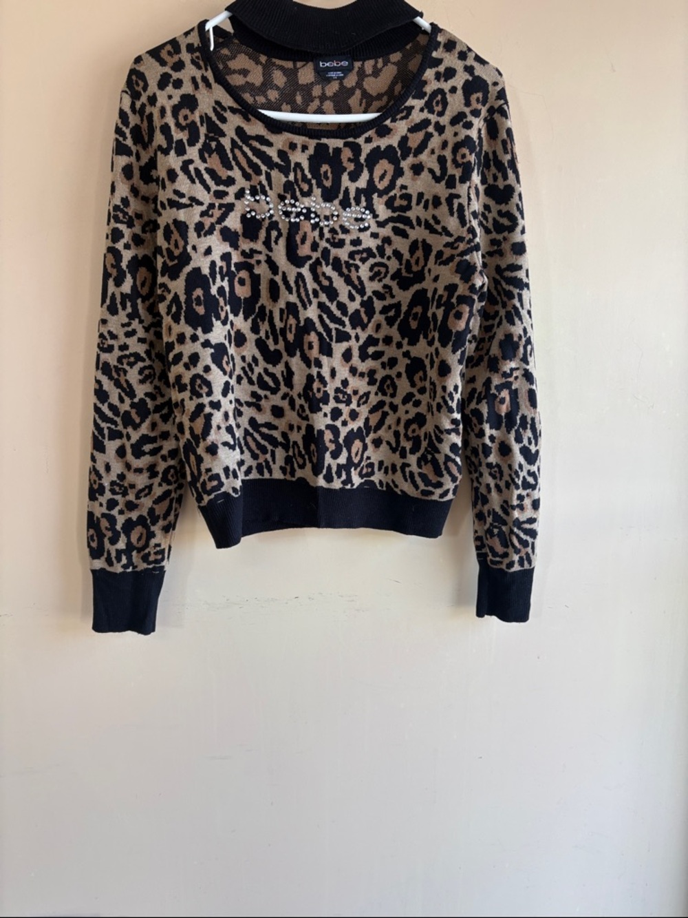 bebe Leopard-Print Crewneck Sweater in Brown and Black with Rhinestone Logo
